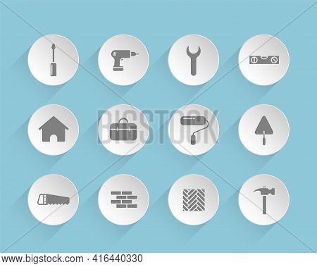Construction Vector Icons On Round Puffy Paper Circles With Transparent Shadows On Blue Background. 