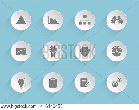 Data Analytics Vector Icons On Round Puffy Paper Circles With Transparent Shadows On Blue Background
