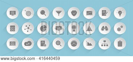 Data Analytics Vector Icons On Round Puffy Paper Circles With Transparent Shadows On Blue Background