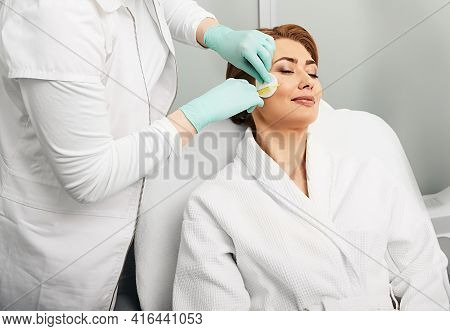 Woman With Closed Eyes Receives Anti-aging Injections With Blood Plasma. Plasmolifting, Facial Prp T