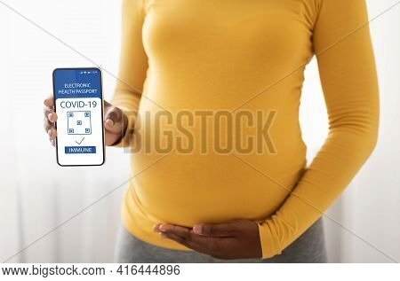 Pregnant Woman Showing Smartphone With Immune Digital Passport For Covid-19