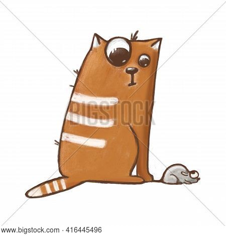 Cute Funny Cat Cought A Mouse, Hand Drawn Comic Clipart, Funny Illustration