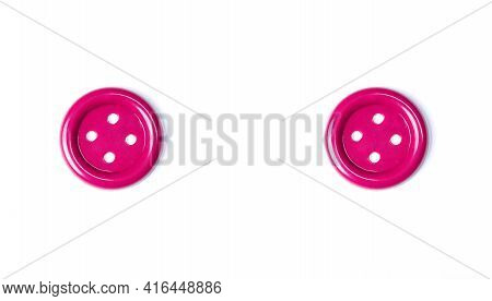 Pink Buttons On A White Background Close-up. Beautiful Bright Buttons Isolate For Cutting Out. Copy