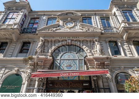 Taksim, Istanbul, Turkey - 03.29.2021: Famous Flower Passage (cicek Pasaji In Turkish) Entrance Gate
