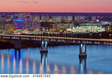 Nizhny Novgorod, Russia - 08.21.2020 - Nizhny Novgorod Rapid Transit Bridge Night Lights. Metro Brid