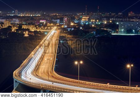 Nizhny Novgorod, Russia - 08.21.2020 - Nizhny Novgorod Rapid Transit Bridge Night Lights. Metro Brid