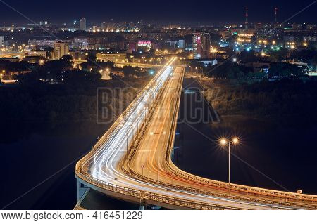 Nizhny Novgorod, Russia - 08.21.2020 - Nizhny Novgorod Rapid Transit Bridge Night Lights. Metro Brid