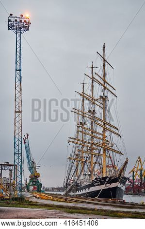 Kaliningrad, Russia - 11.28.2020 - Kruzenshtern Barque Ship Anchored In City Port. Beautiful Four-ma