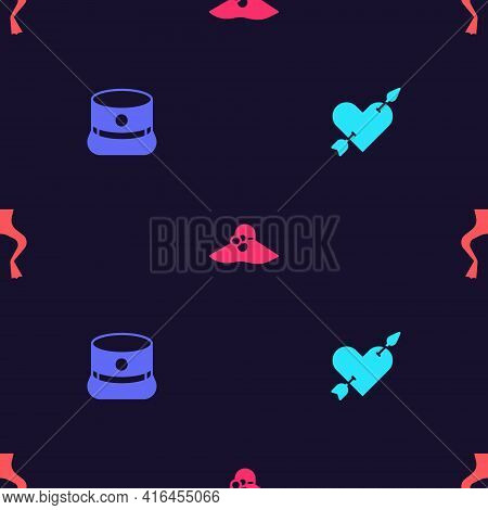 Set Amour With Heart And Arrow, Kepi, Elegant Women Hat And Frog Legs On Seamless Pattern. Vector