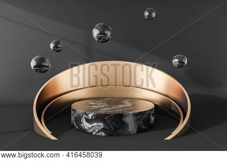 Black And Golden Platform Stand, Black Spheres In The Air. Luxury Marble Mockup Stand For Product Di
