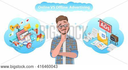 3d Vector Conceptual Illustration Of Online Vs Offline Advertising.