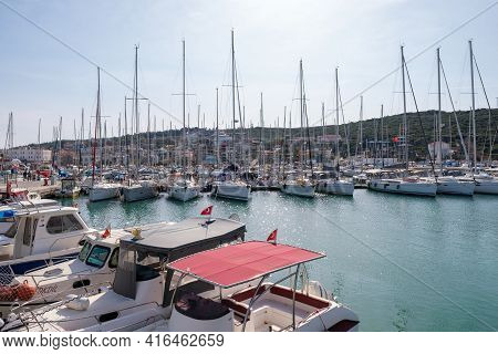 Seferihisar, Izmir, Turkey - 03.08.2021: Landscape And Seascape Of Teos Marina And A Lot Of Sailboat