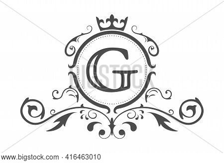 Stylized Letter G Of The Latin Alphabet. Monogram Template With Ornament And Crown For Design Of Ial