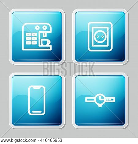 Set Line Coffee Machine, Electrical Outlet, Smartphone And Wrist Watch Icon. Vector