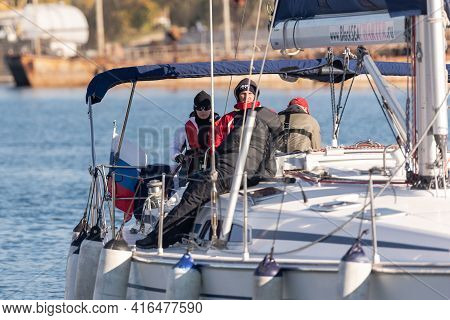 Sevastopol. Crimea. Autumn 2020. Yacht Of The Black Sea School In Streletskaya Bay. Students Conduct