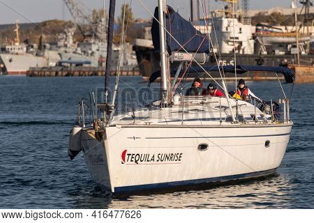 Sevastopol. Crimea. Autumn 2020. Yacht Of The Black Sea School In Streletskaya Bay. Students Conduct