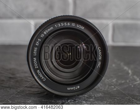 Russia, Krasnodar - April 2, 2021: Canon Lens With A Focal Length Of 15-85mm F3, 5-5, 6 For The Ef-s
