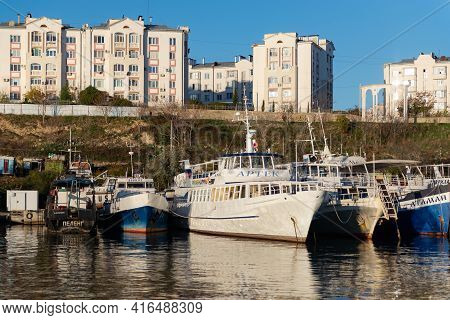 Sevastopol. Crimea. Autumn 2020. Ships At The Pier In The Streletskaya Bay Of Sevastopol.