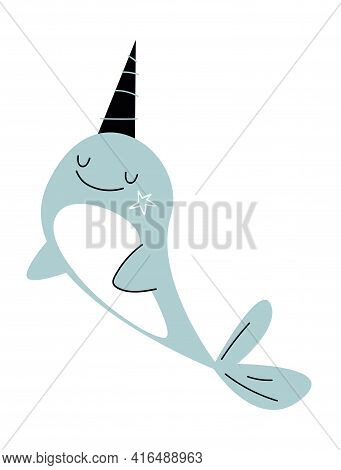 Digital Cute Illustration Of Narval Whale Isolated On White Background. Flat Illustration. Actual St