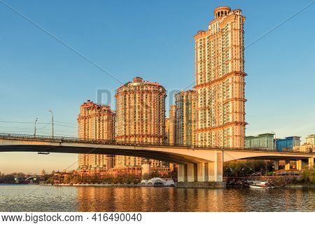 Moscow Buildings In Sunset Lights, Russia. Residential Complex Alye Parusa At Moskva River. Scenery 