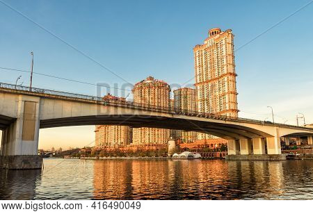Moscow Buildings In Sunset Lights, Russia. Residential Complex Alye Parusa At Moskva River. Panorama