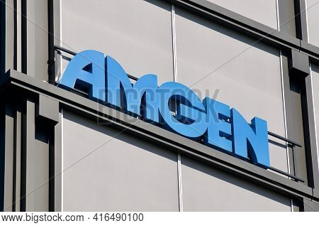 Rotkreuz, Zug, Switzerland - 28th March 2021 : Amgen Logo Sign Hanging On The Office Building In Rot