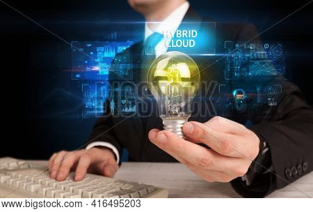 Businessman holding a light bulb, online security concept