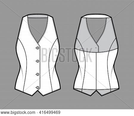 Halter Vest Pique Waistcoat Technical Fashion Illustration With Backless, V-neckline, Button-up Clos