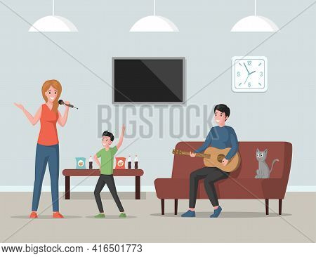 Home Party Vector Flat Illustration. Family Spending Time Together Indoors. Happy Smiling Mother Sin