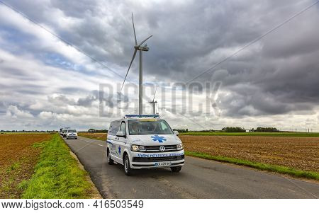 Le Gault-saint-denis, France - October 08, 2017: The Official Ambulance Driving On A Road In The Pla