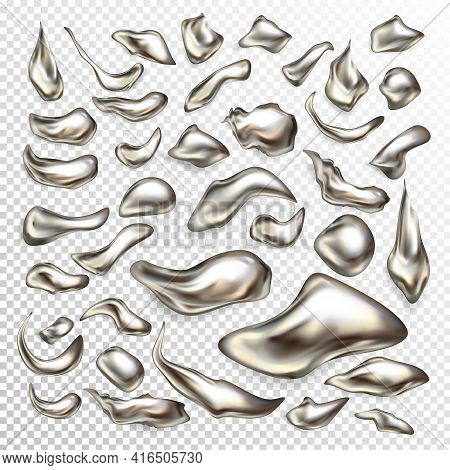 Molted Precious Metal Drops, Liquid Silver Blots, Mercury Swirls 3d Realistic Vector Set Isolated On