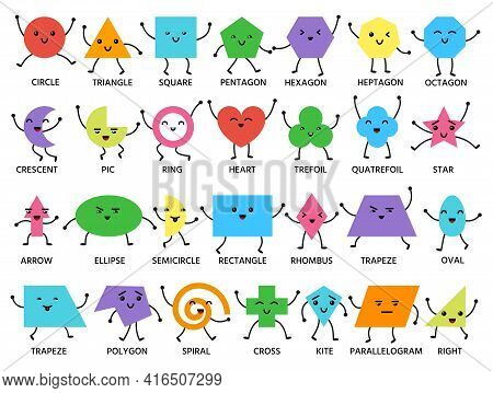 Cute Geometric Shape Signed Emoji Faces With Hands And Legs. Geometry Study Color Poster For Teachin