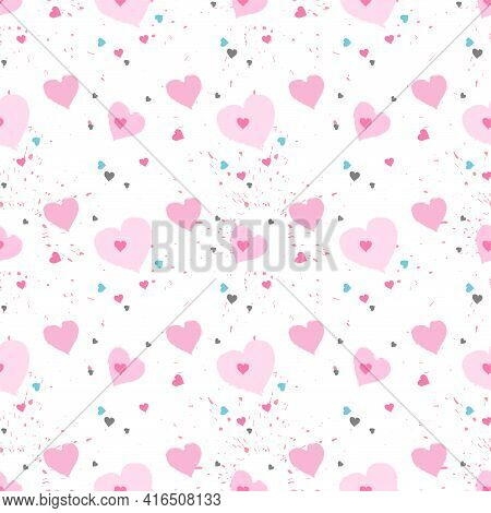 Pattern With Watercolor Hearts And Grunge Elements On A White Background. For Valentine Day Design.