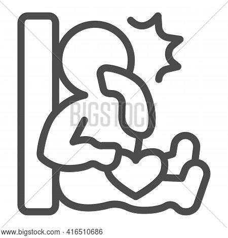 Baby With Book Line Icon, Children Book Day Concept, Baby Sitting Near Book Vector Sign On White Bac