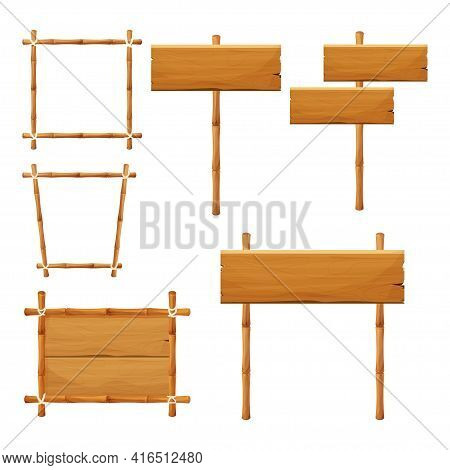Set Of Wooden Tablets With Bamboo, Textured Panels, Signboard In Cartoon Style Isolated On White Bac