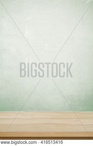 Vertical Brown Wood Table And Green Cement Wall Background In Kitchen, Wooden Shelf, Counter For Foo
