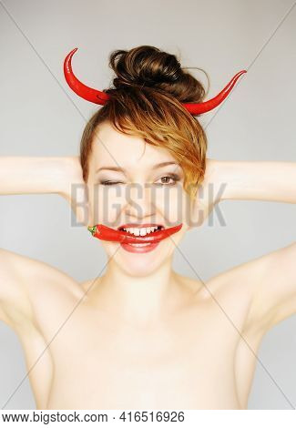 Funny Girl Portrait As A Devil With The Red Chili Peppers Horns
