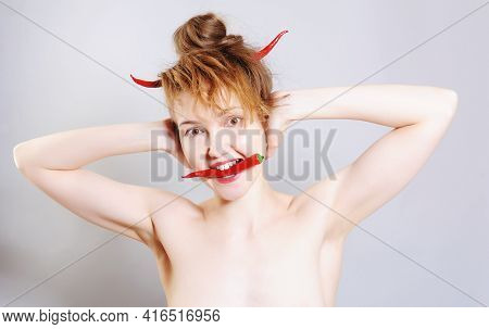 Funny Girl Portrait As A Devil With The Red Chili Peppers Horns