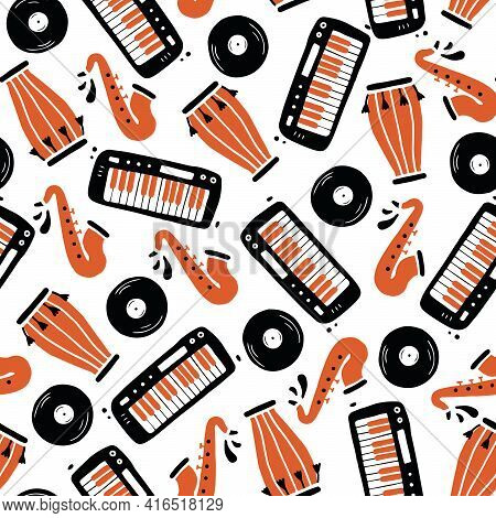 Hand Drawn Seamless Pattern Of Musical Instrument. Flat Sketch Style. Isolated Vector Illustration F