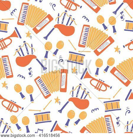 Hand Drawn Seamless Pattern Of Musical Instrument. Flat Sketch Style. Isolated Vector Illustration F