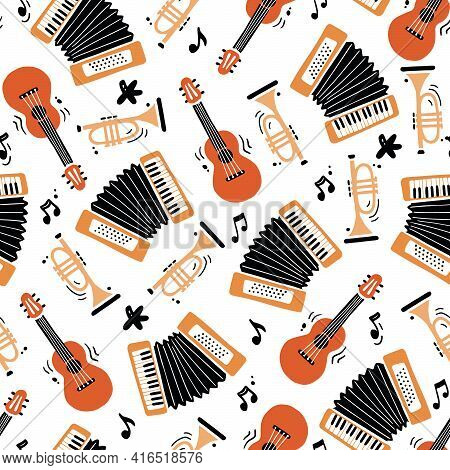 Hand Drawn Seamless Pattern Of Musical Instrument. Flat Sketch Style. Isolated Vector Illustration F
