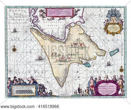 Map of Tierra del Fuego, Pieter Schenk, vintage engraving.