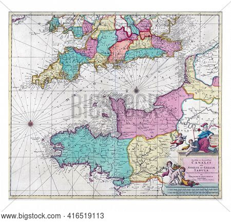 Sea chart of the Channel, Theodorus Danckerts, vintage engraving.