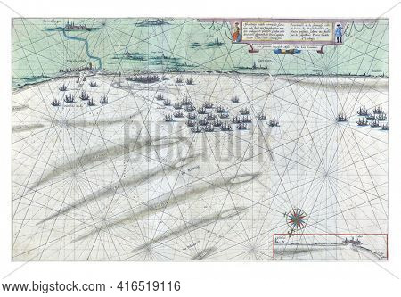 Map of the Flemish coast between Dunkirk and Grevelingen, vintage engraving.