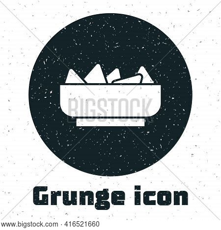 Grunge Nachos In Bowl Icon Isolated On White Background. Tortilla Chips Or Nachos Tortillas. Traditi