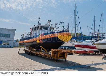 Pyeongtaek, South Korea; April 6, 2021: Side View Of Police Boat On Trailer At Jeongok Port Marina.