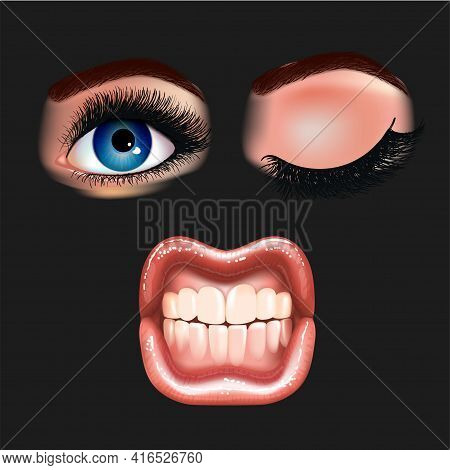 Set Of Beautiful Female Eyes With Extended Eyelashes And Shining Mouth With Glossy Lips. Grinning Te