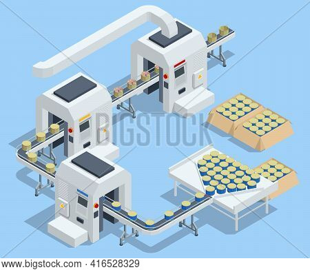 Isometric Fishing Production Concept. Tin Cans With Fish On The Conveyor. Production Of Canned Fish.