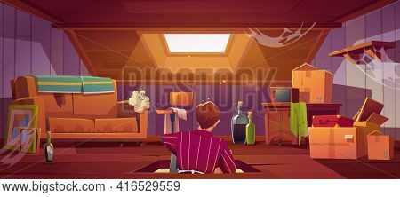 Man Climb On Attic By Ladder Through Roof Hatch, Character In Room With Old Things And Furniture. Di
