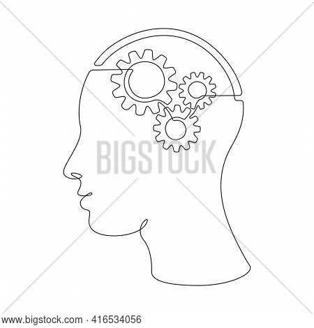 Cog Wheels In Head In One Single Line Drawing For Logo, Emblem, Web Banner, Presentation. Continuous